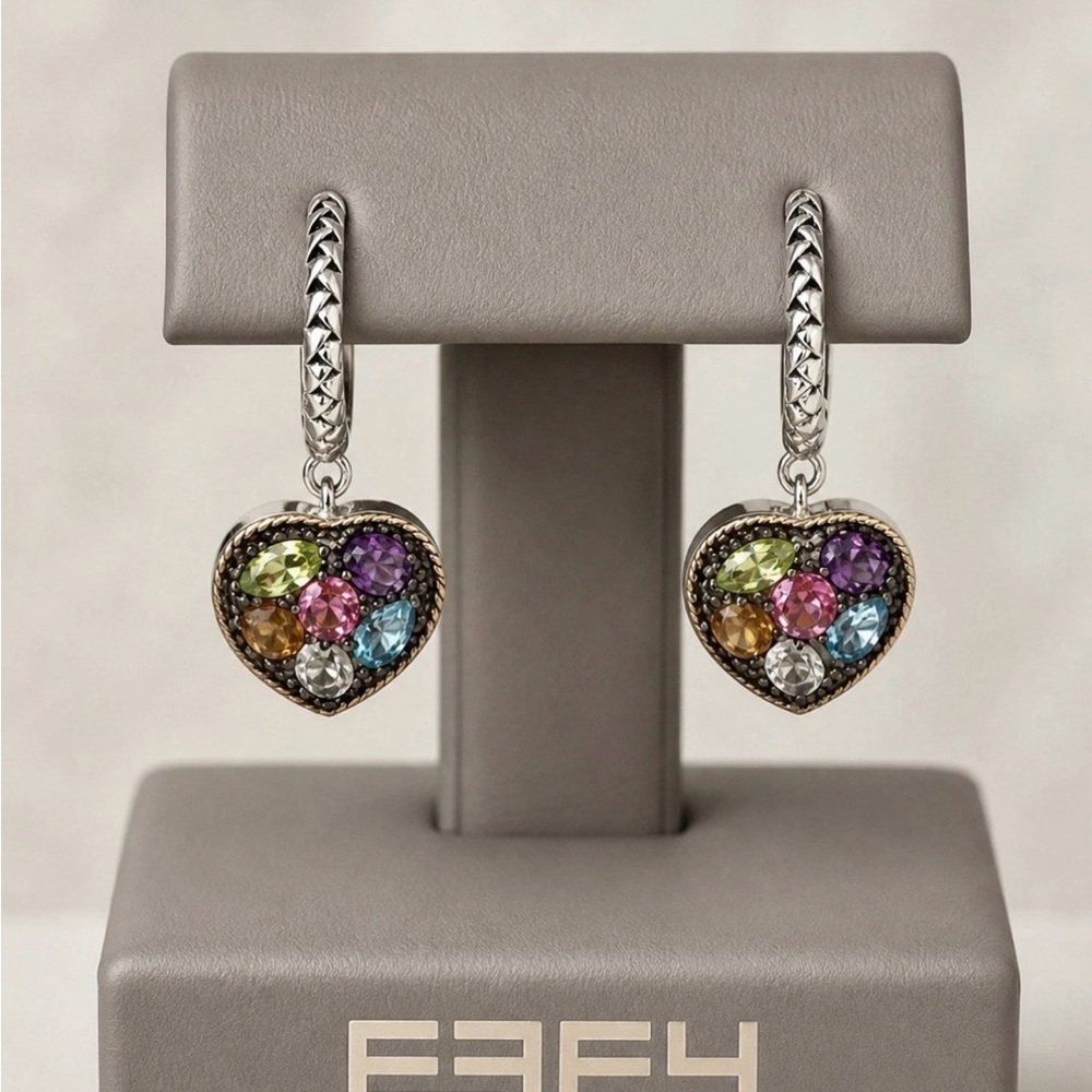 Effy925 Sterling Silver Multicolour Heart Drop Hoop Earrings -